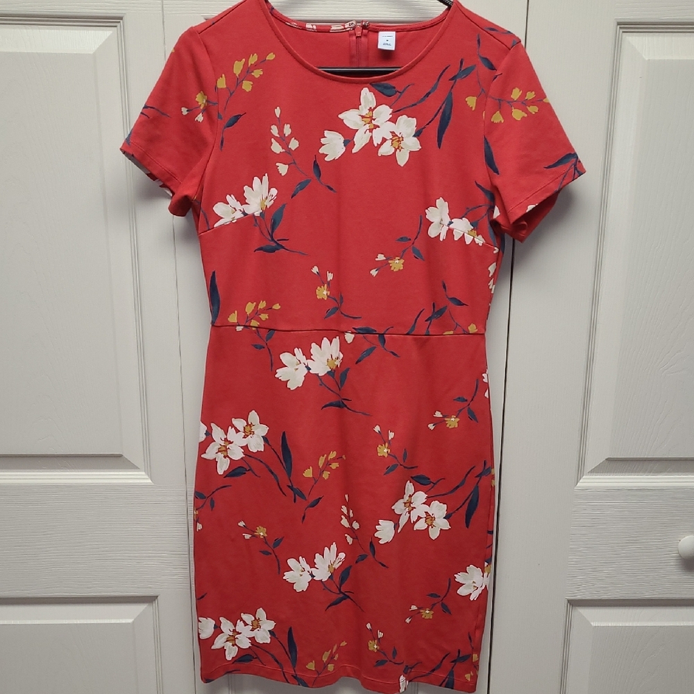 Old Navy Cotton Coral Red short sleeve Floral Midi shift Dress M